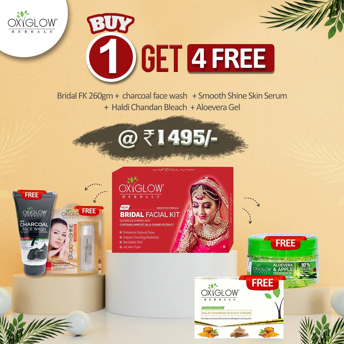 Oxyglow Herbals Bridal Facial Kit + Smooth and Shine serum+Haldi Chandan Bleach Cream+Aloevera and Apple massage gel+Charcoal Facewash Buy1Get4