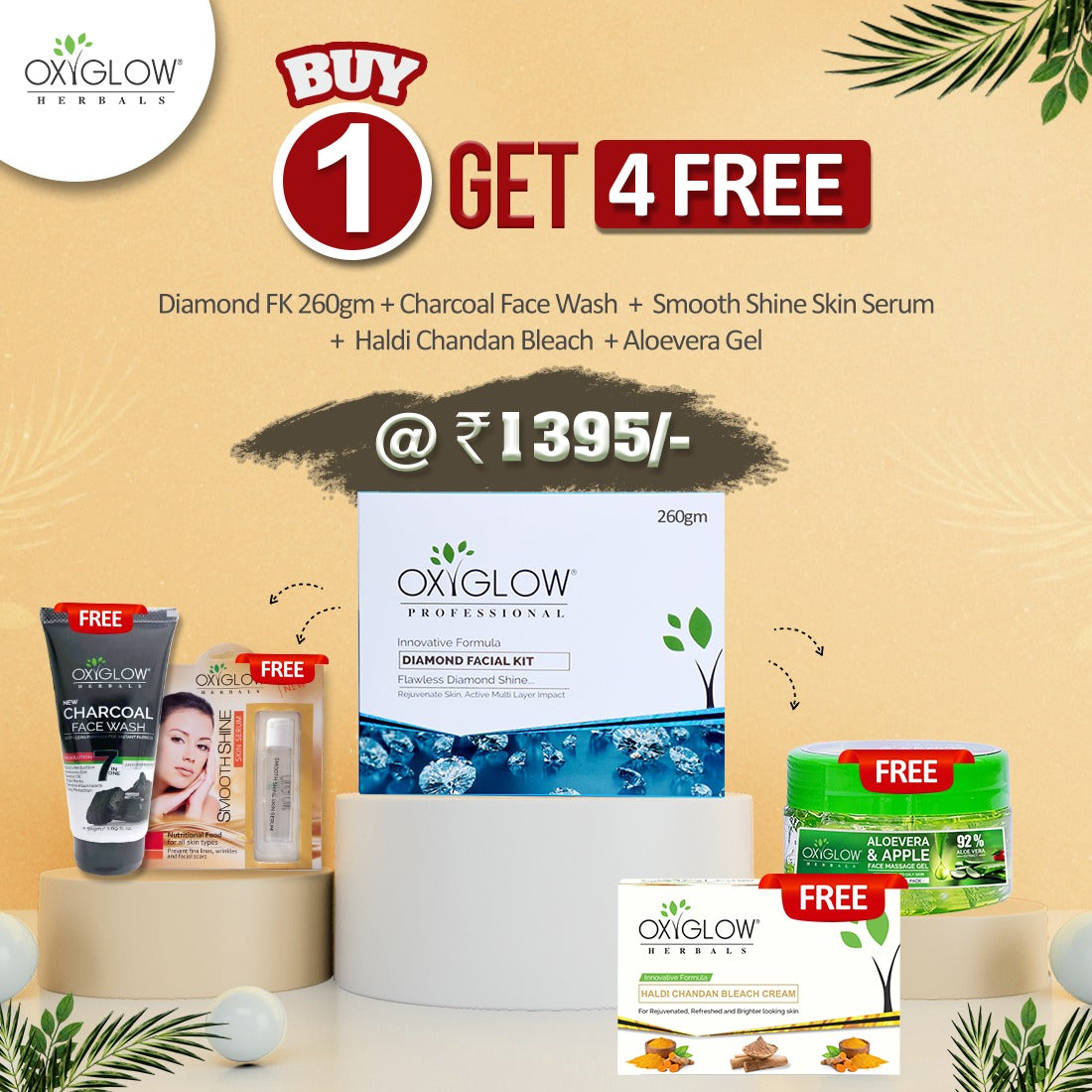 Oxyglow Herbals Diamond Facial Kit + Smooth and Shine serum+Haldi Chandan Bleach Cream+Aloevera and Apple massage gel+Charcoal Facewash Buy1Get4