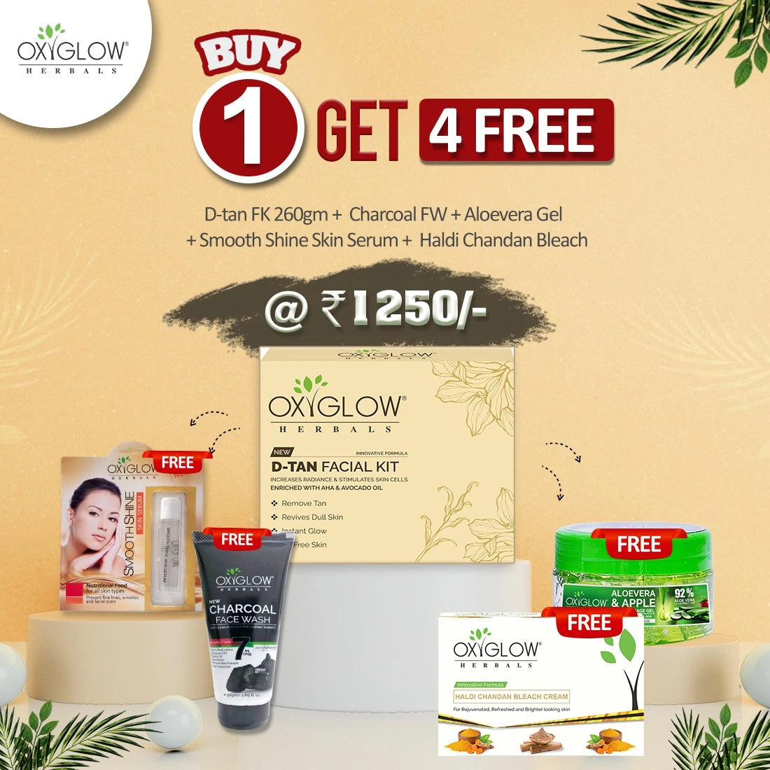 Oxyglow Herbals D-Tan Facial Kit + Smooth and Shine serum+Haldi Chandan Bleach Cream+Aloevera and Apple massage gel+Charcoal Facewash Buy1Get4
