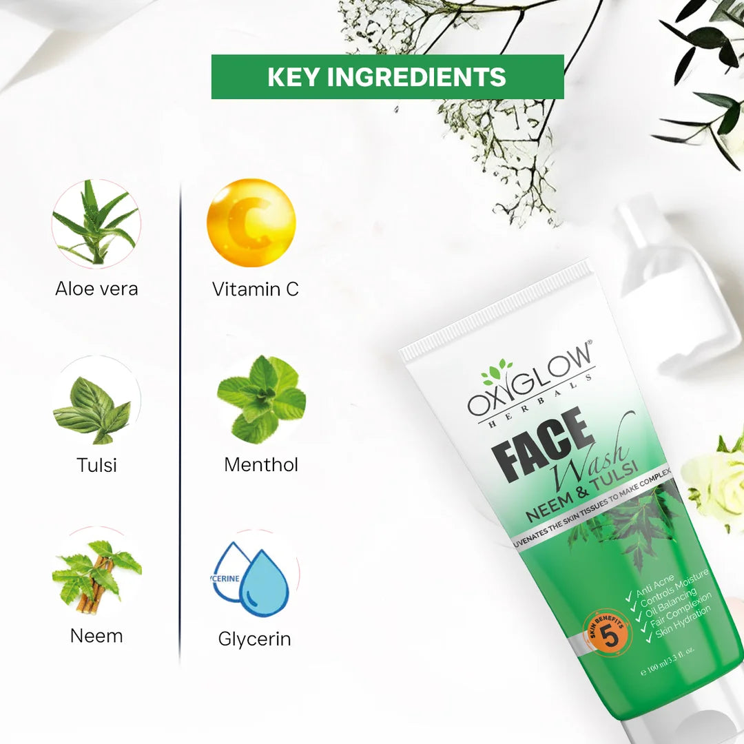 OxyGlow Herbals Neem Tulsi Face Wash - 100ml | Anti Acne | Oil Balancing & Fair Complexion | Skin Hydration