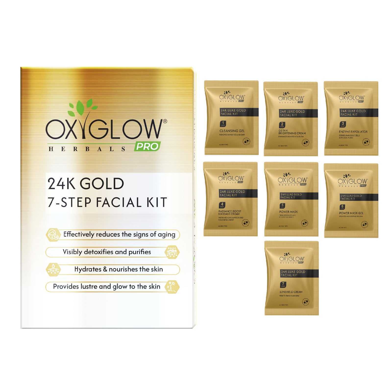 OxyGlow Herbals Pro 24k Luxe Gold 7 Step Facial Kit -81 gm | USP - Power Mask | Suitable for All Skin - Pack of 5