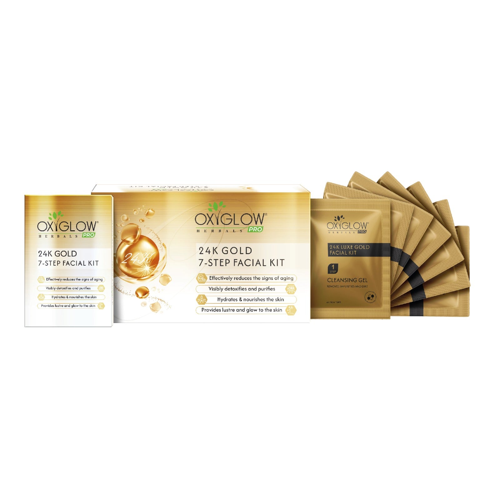 OxyGlow Herbals Pro 24k Luxe Gold 7 Step Facial Kit -81 gm | USP - Power Mask | Suitable for All Skin - Pack of 5