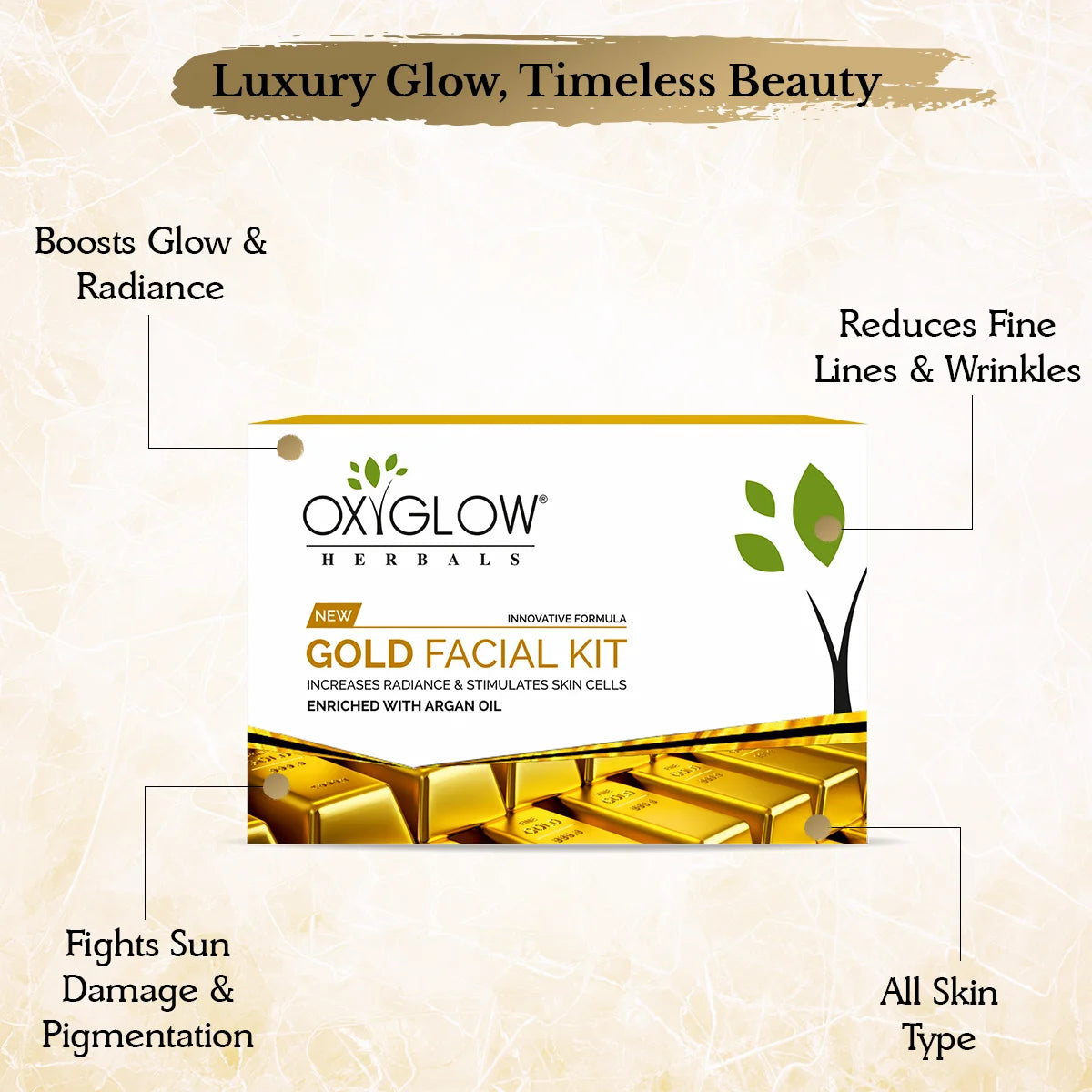 OxyGlow Herbals Gold Facial Kit | Increases Radiance & Stimulates Skin Cells | Enriched with Argan Oil | Suitable for All Skin