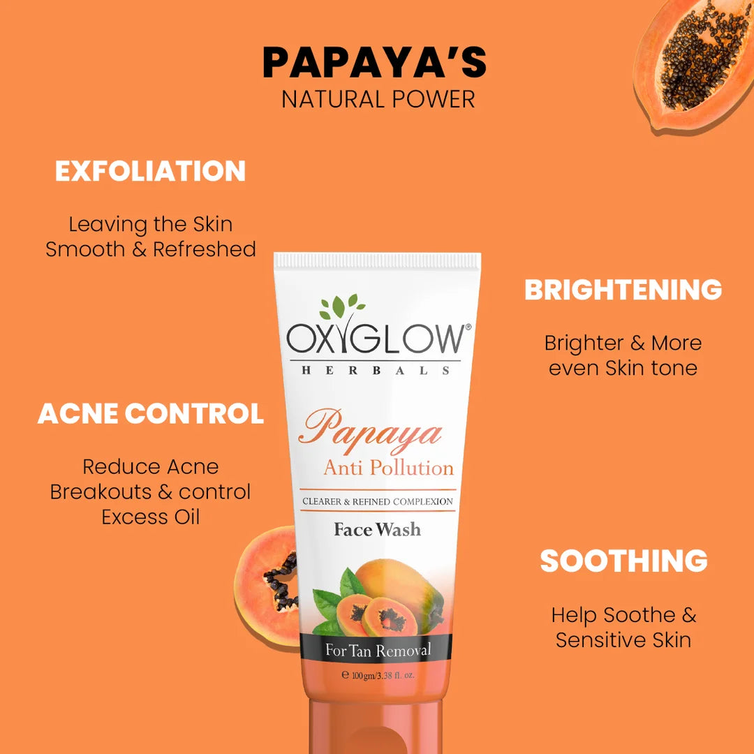 OxyGlow Herbals Papaya Anti Pollution Face Wash | Clearer & Refined Complexion | Acne Control | Brighter & Even Skin Tone