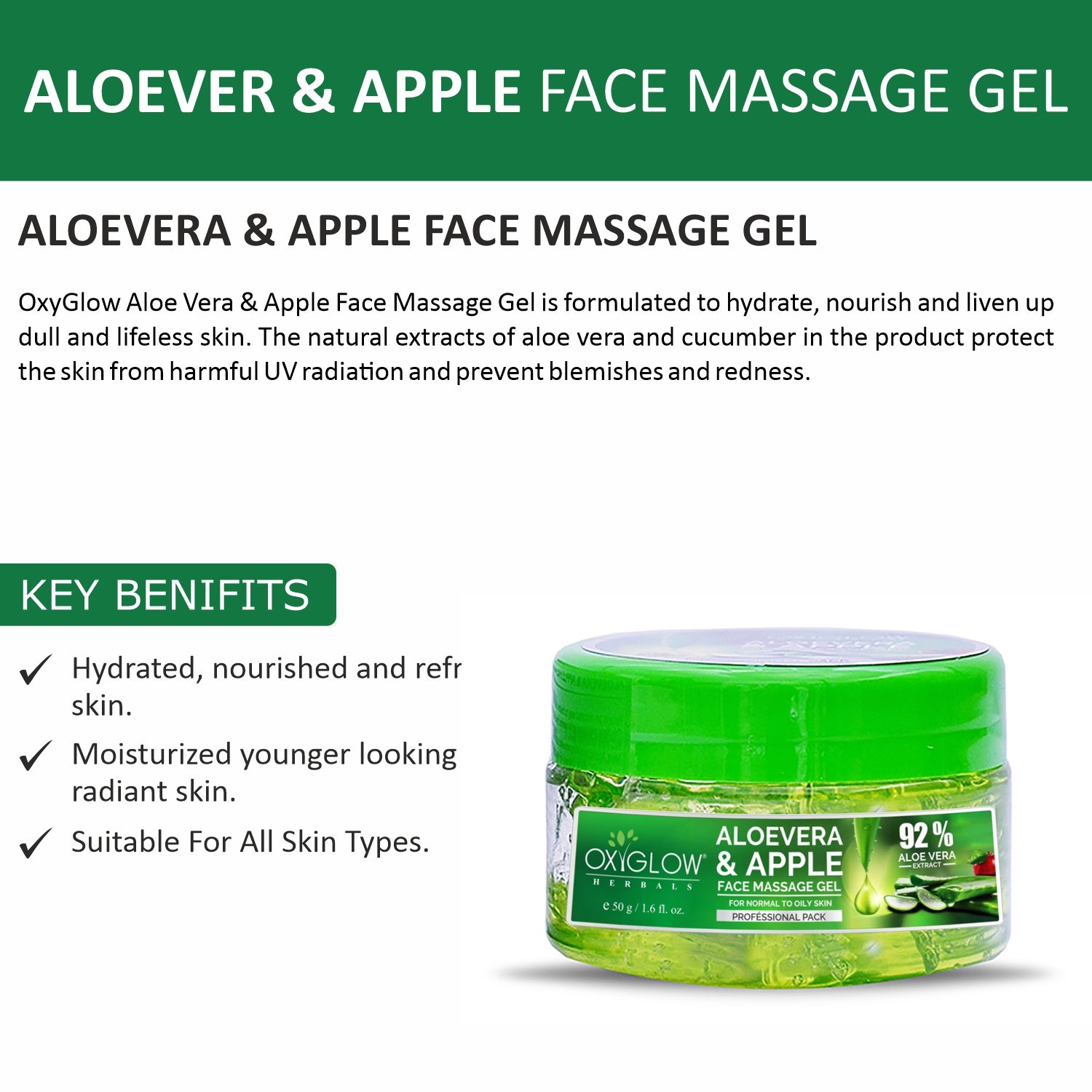 OxyGlow Herbals Aloevera and Apple massage gel-50gms-key benefits