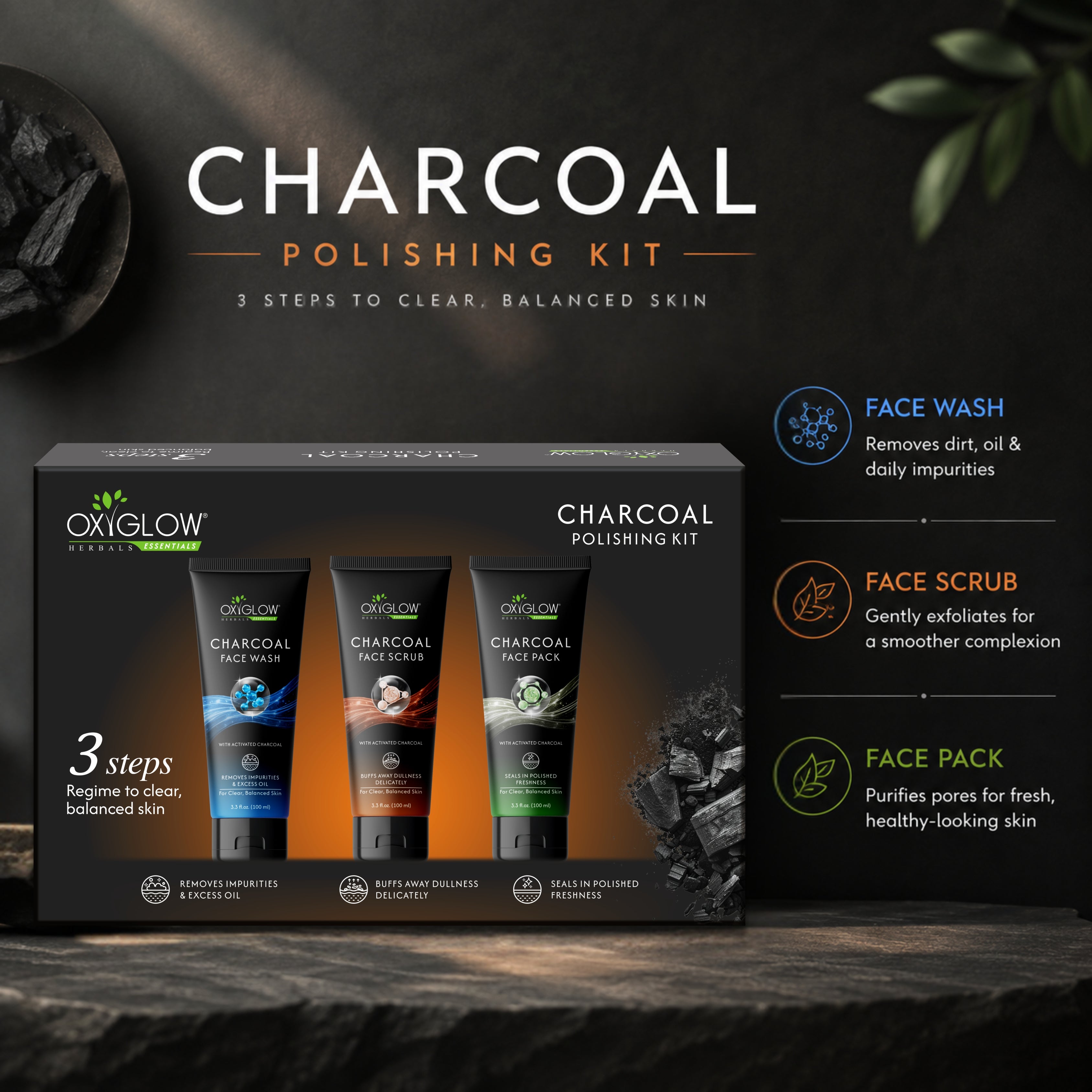 Charcoal Polishing Kit | Face Wash, Scrub & Mask