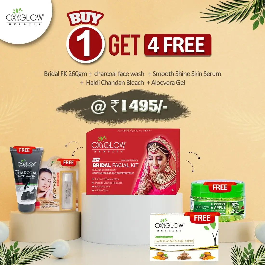 Oxyglow Herbals Bridal Facial Kit + Smooth and Shine serum+Haldi Chandan Bleach Cream+Aloevera and Apple massage gel+Charcoal Facewash Buy1Get4