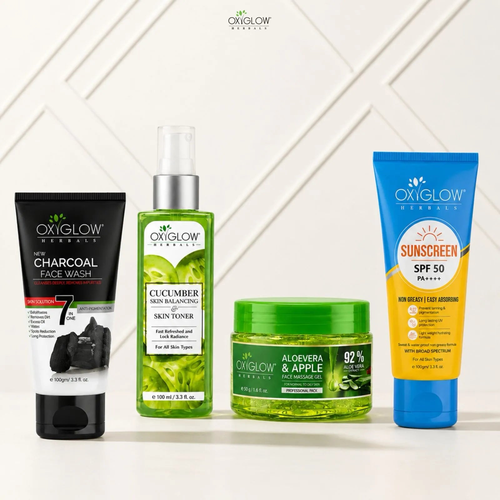 Charcoal Facewash + Aloe Vera Gel + Cucumber Toner + SPF 50 Cream