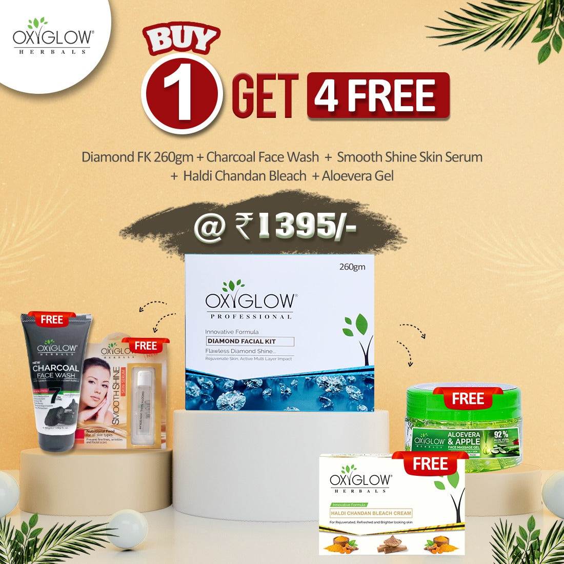 Oxyglow Herbals Diamond Facial Kit + Smooth and Shine serum+Haldi Chandan Bleach Cream+Aloevera and Apple massage gel+Charcoal Facewash Buy1Get4