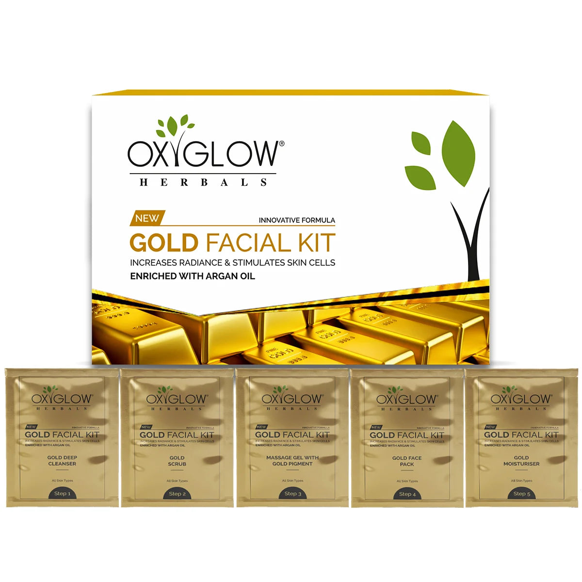 OxyGlow Herbals Gold Facial Kit | Increases Radiance & Stimulates Skin Cells | Enriched with Argan Oil | Suitable for All Skin