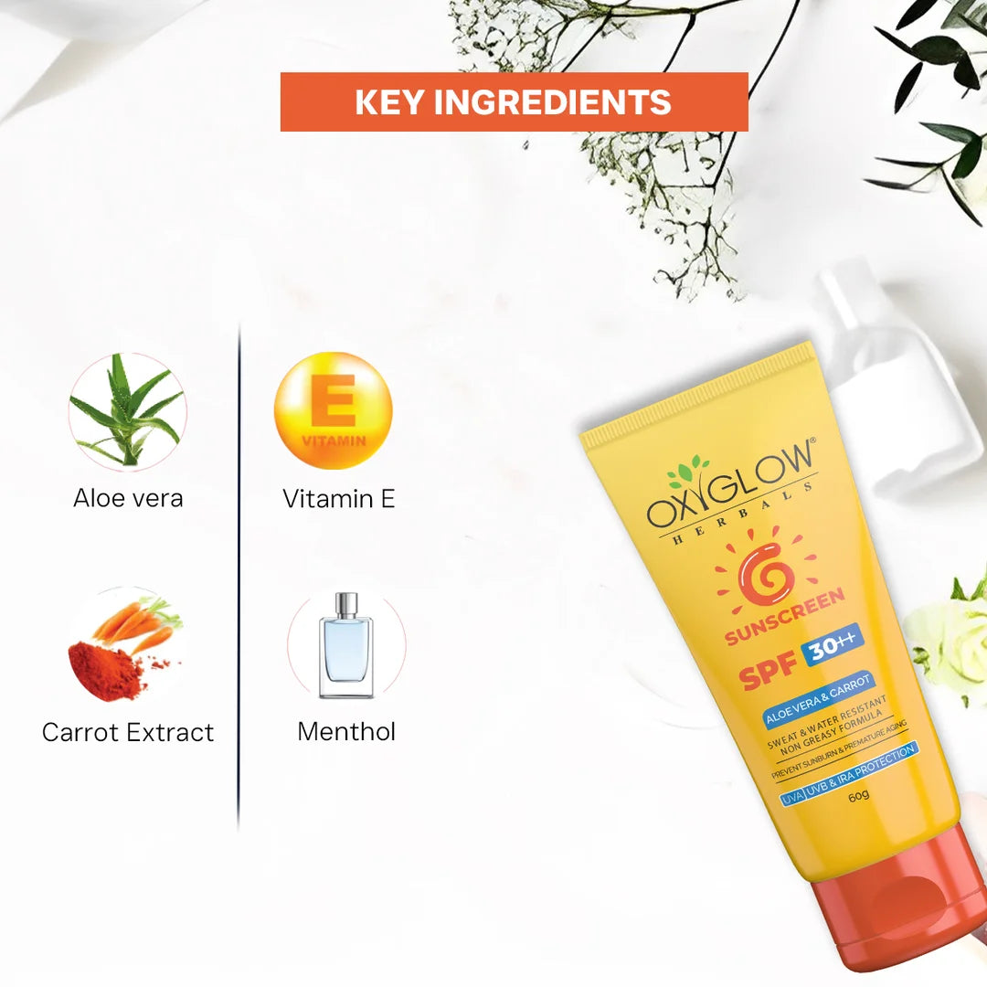OxyGlow Herbals Sunscreen SPF 30++ 60ml | Prevent Sunburn & Pre Mature Aging | Sweat & Water Resistant