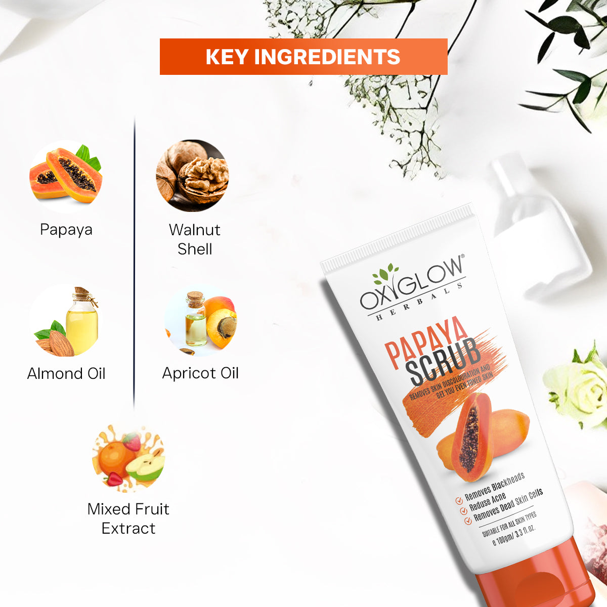 OxyGlow Herbals Papaya Scrub 100ml | Remove Skin Discoloration | Removes Dead Skin Cells & Blackheads | Reduces Acne