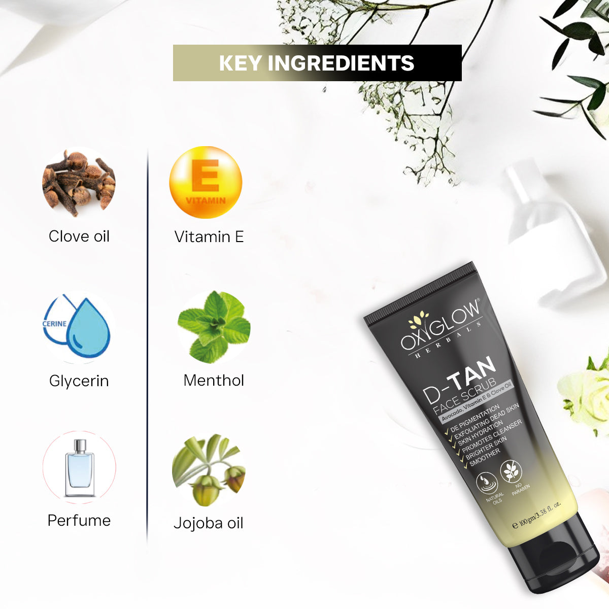 OxyGlow Herbals D-Tan Scrub 100ml | Exfoliating Dead Skin | De Pigmentation & Skin Hydration | Brighter Skin