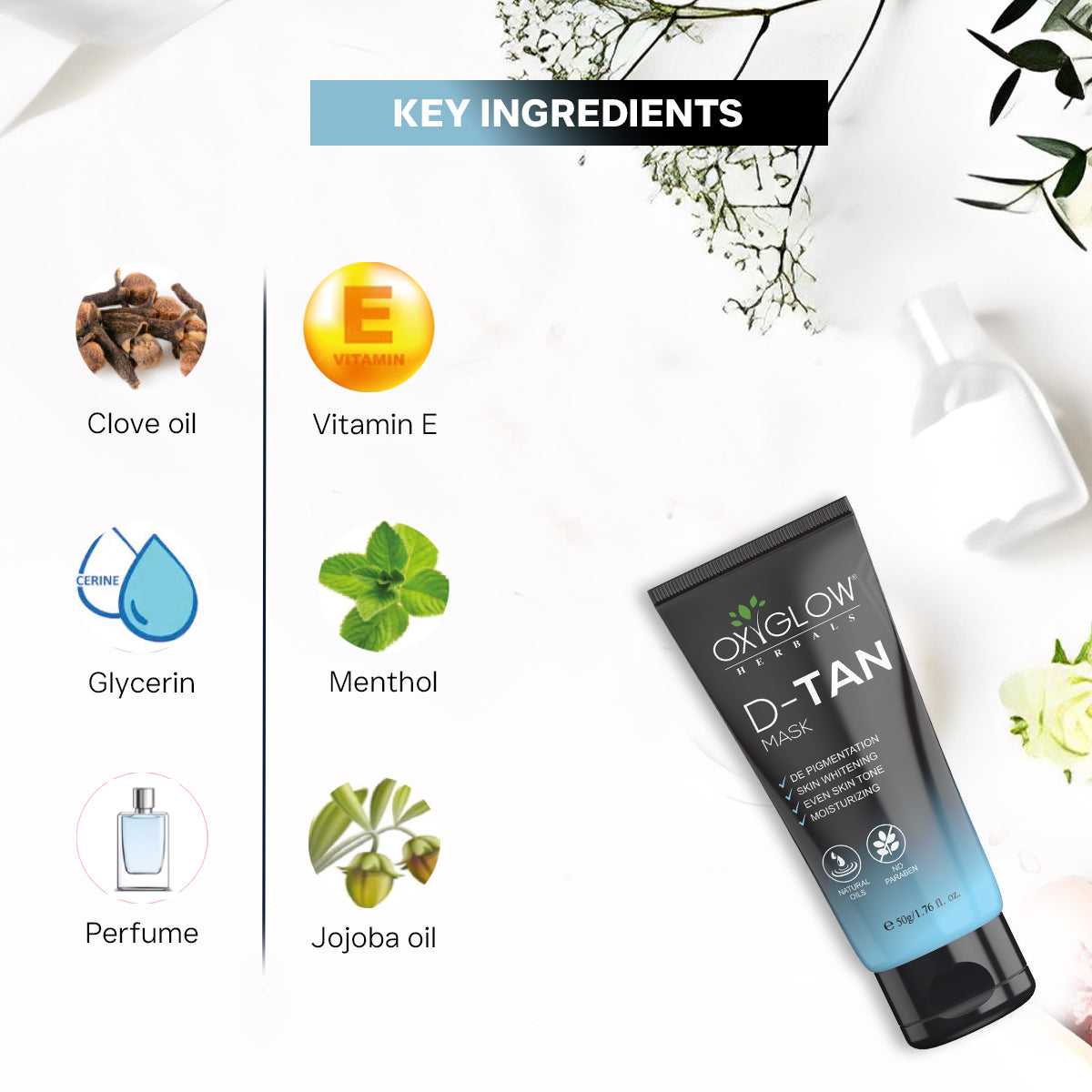 OxyGlow Herbals D-Tan Mask 50ml | Moisturizing & Even Skin Tone | Skin Whitening | Fight Pigmentation | Anti Ageing