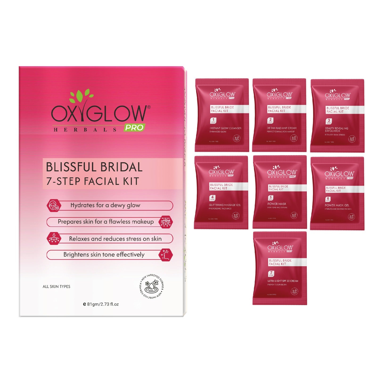 OxyGlow Herbals Pro Blissful Bridal 7 Step Facial Kit -81 gm | USP - Power Mask | Suitable for All Skin - Pack of 5