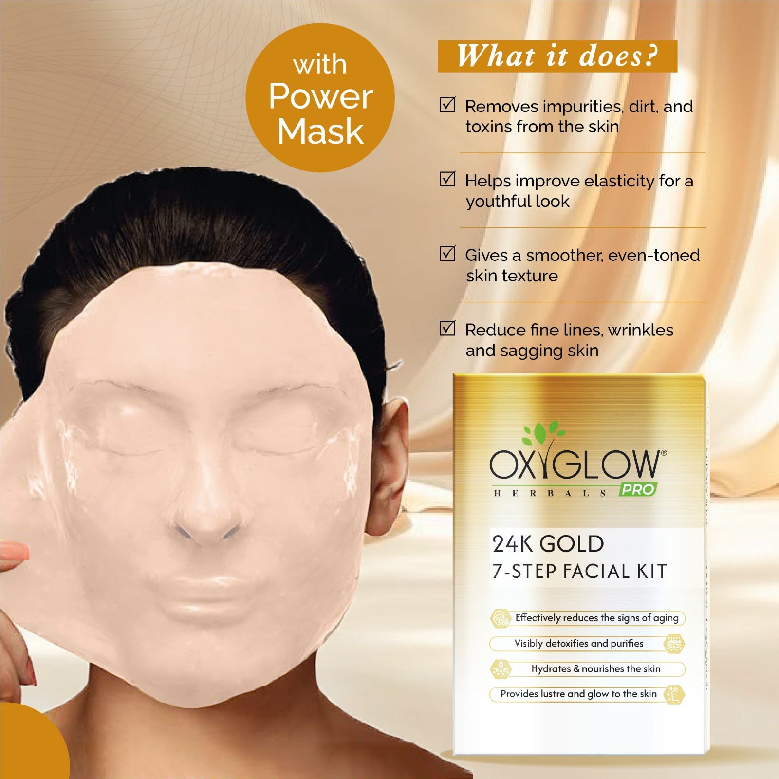 OxyGlow Herbals Pro 24k Luxe Gold 7 Step Facial Kit -81 gm | USP - Power Mask | Suitable for All Skin - Pack of 5