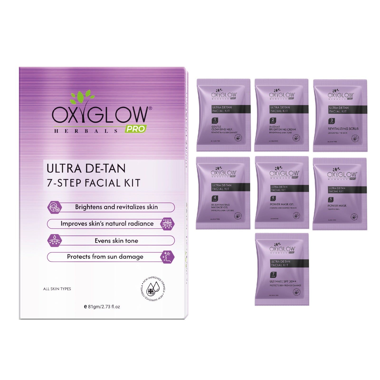 OxyGlow Herbals Pro Ultra De-tan 7 Step Facial Kit -81 gm | USP - Power Mask | Suitable for All Skin - Pack of 5