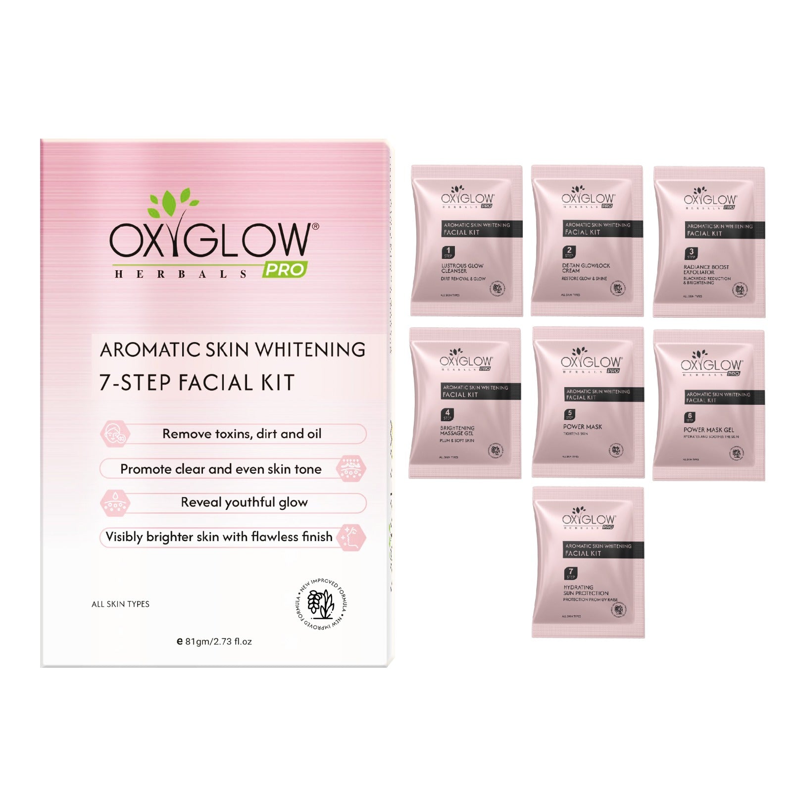 OxyGlow Herbals Pro Aromatic Skin Whitening 7 Step Facial Kit -81 gm | USP - Power Mask | Suitable for All Skin - Pack of 5