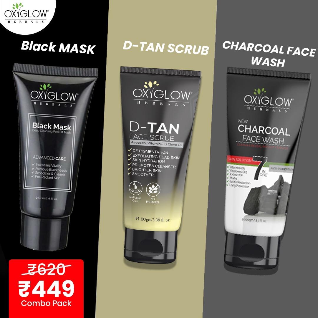 Charcoal Facewash + De Tan Scrub + Black Mask