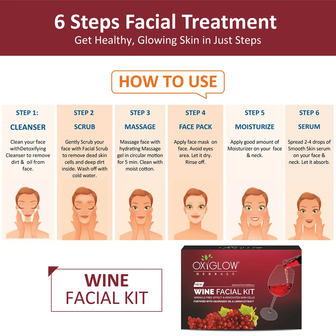 OxyGlow Herbals Wine Facial Kit with Grapeseed Oil & Lemon Extract | Renovates Skin Cells | Wrinkle Free Skin | Suitable for All Skin