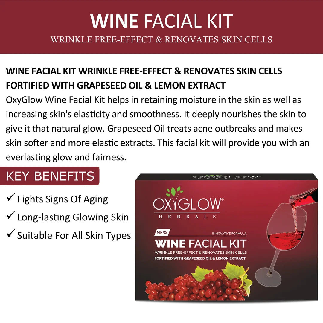 OxyGlow Herbals Wine Facial Kit with Grapeseed Oil & Lemon Extract | Renovates Skin Cells | Wrinkle Free Skin | Suitable for All Skin